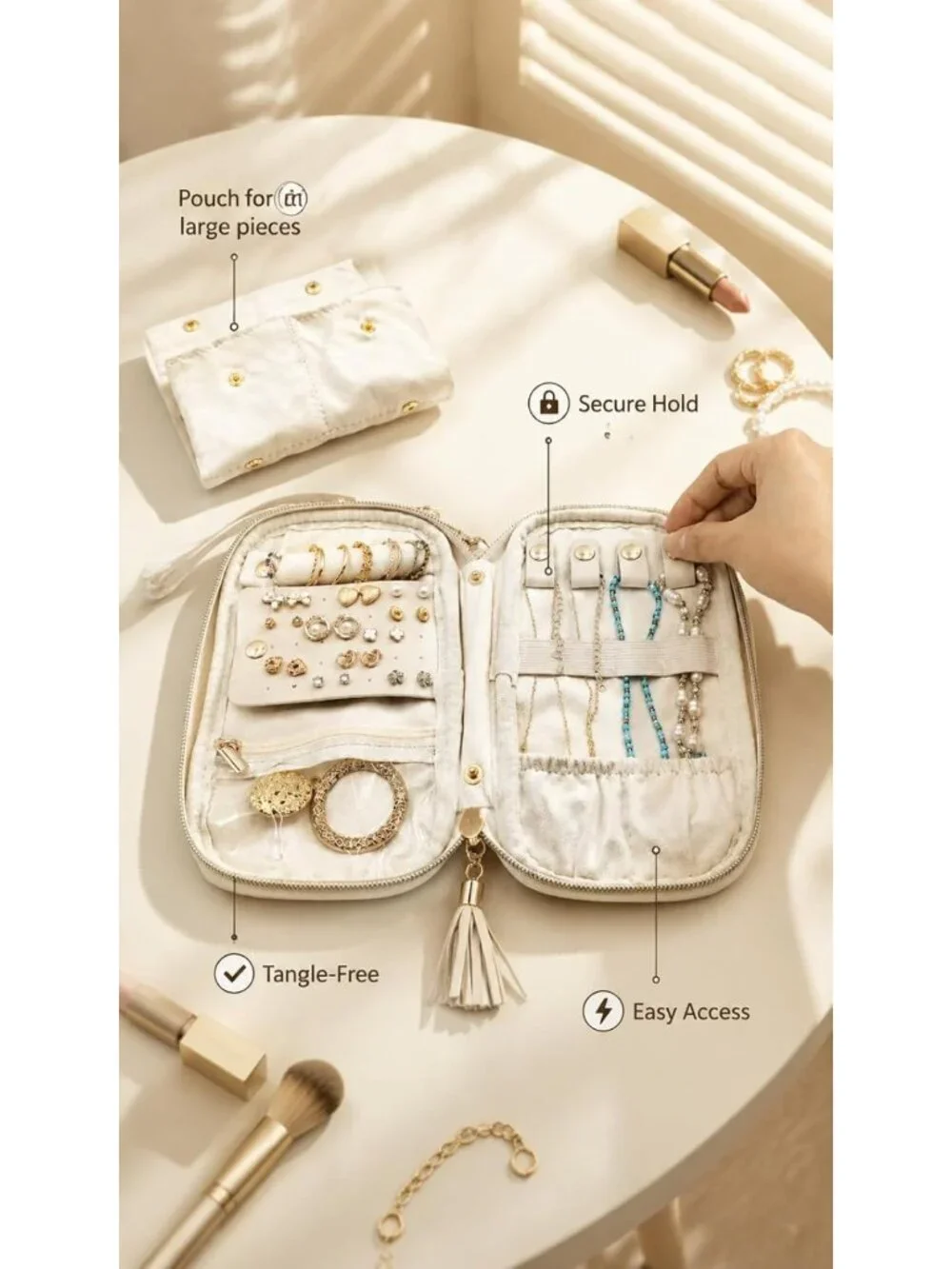Travel Jewelry Organizer Case, Ultra-Slim Soft Pouch for Accessories - Oatmeal